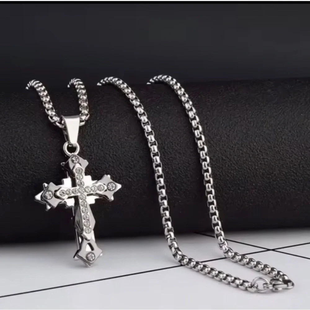 Silver Crystal Cross Pendant Necklace